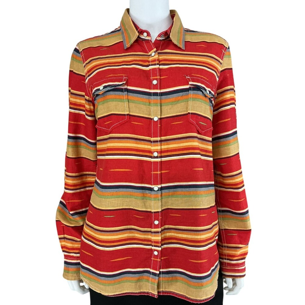 Ryan Michael Women's Western Pearl Snap Shirt Size L Linen Blend Aztec Lipstick